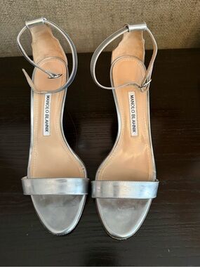 Manolo Blahnik Silver Metallic Ankle-Strap Sandals
